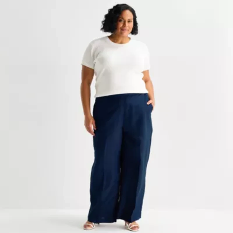 Liz Claiborne Linen Womens Plus Wide Leg Mid Rise Pull-On Pant