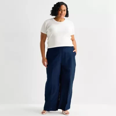 Liz Claiborne Linen Womens Plus Wide Leg Mid Rise Pull-On Pant