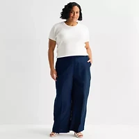 Liz Claiborne Linen Womens Plus Wide Leg Mid Rise Pull-On Pant