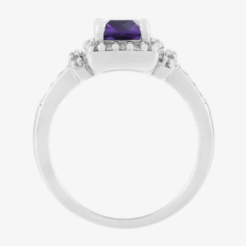 Limited Quantities! Womens Genuine Purple Amethyst Sterling Silver Cushion Halo Side Stone Cocktail Ring