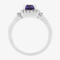 Limited Quantities! Womens Genuine Purple Amethyst Sterling Silver Cushion Halo Side Stone Cocktail Ring