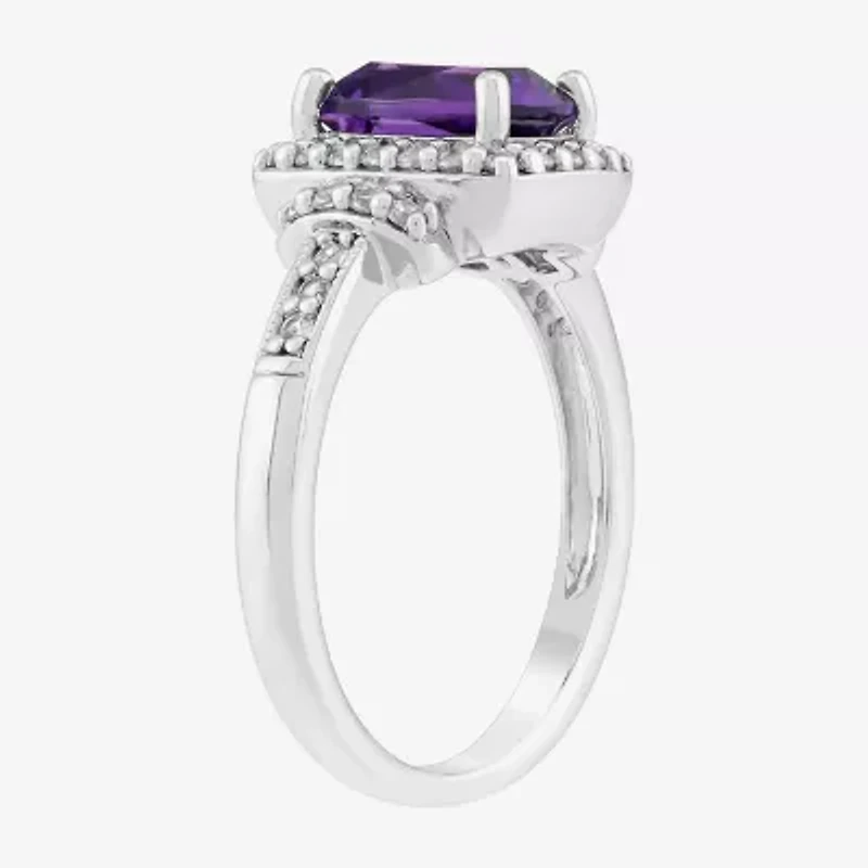 Limited Quantities! Womens Genuine Purple Amethyst Sterling Silver Cushion Halo Side Stone Cocktail Ring