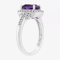 Limited Quantities! Womens Genuine Purple Amethyst Sterling Silver Cushion Halo Side Stone Cocktail Ring