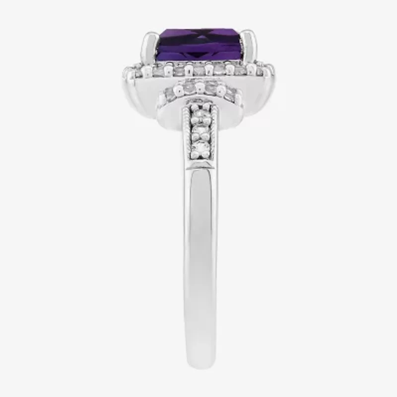Limited Quantities! Womens Genuine Purple Amethyst Sterling Silver Cushion Halo Side Stone Cocktail Ring
