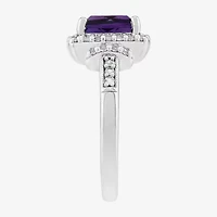 Limited Quantities! Womens Genuine Purple Amethyst Sterling Silver Cushion Halo Side Stone Cocktail Ring