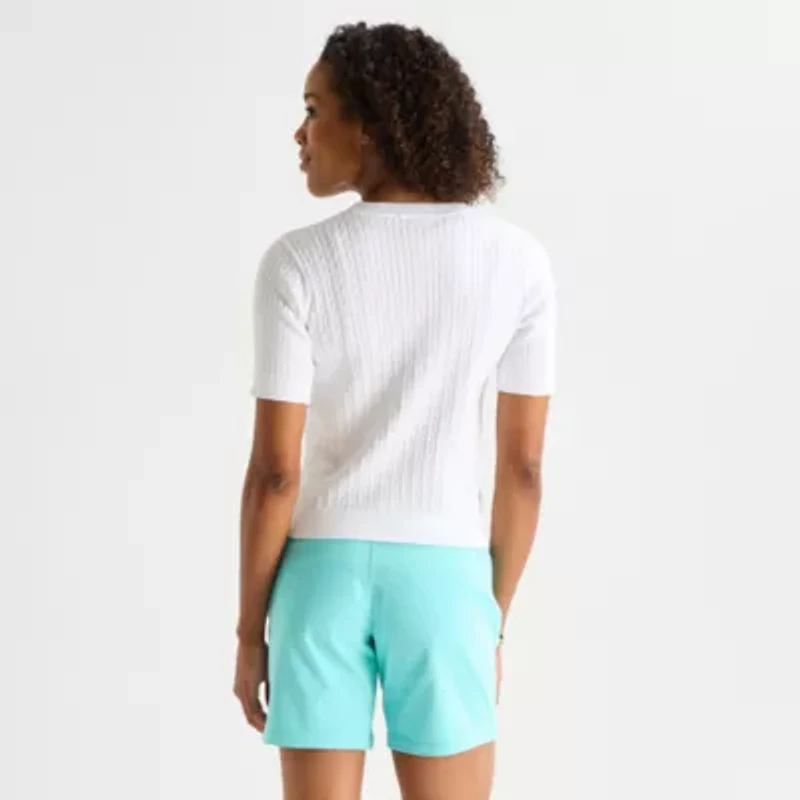 St. John's Bay Womens Crew Neck Short Sleeve Cable Knit Pullover Sweater