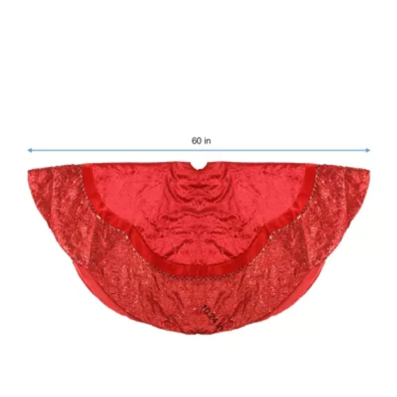 60'' Red Velvet Damask Sequin Embroidered Poinsettia Trimmed Scalloped Edge Christmas Tree Skirt