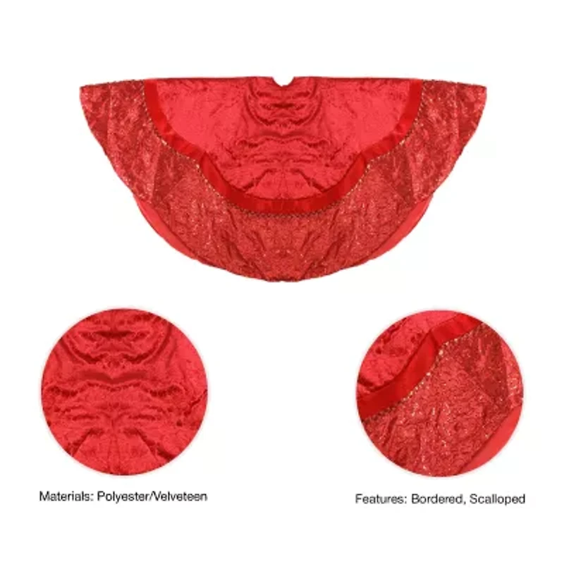 60'' Red Velvet Damask Sequin Embroidered Poinsettia Trimmed Scalloped Edge Christmas Tree Skirt