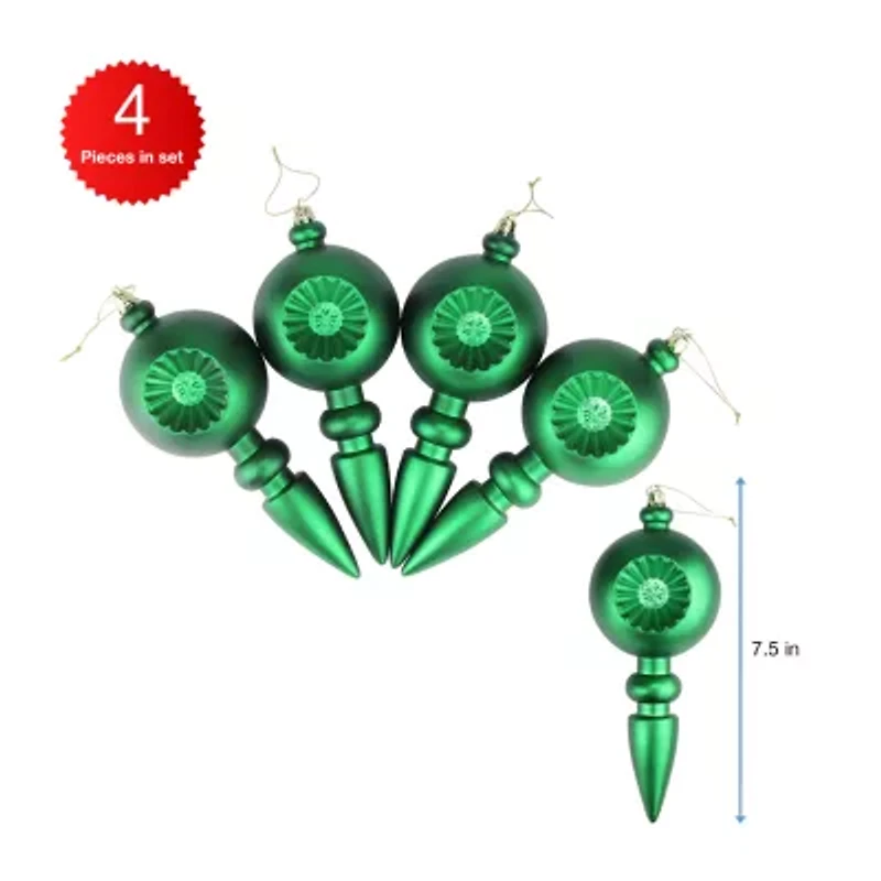 4ct Green Retro Reflector Shatterproof Matte Christmas Finial Ornaments 7.5"