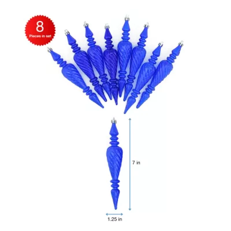 8ct Transparent Blue Shatterproof Spiral Finial Christmas Ornaments 7"