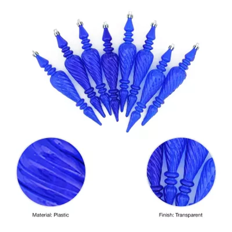 8ct Transparent Blue Shatterproof Spiral Finial Christmas Ornaments 7"