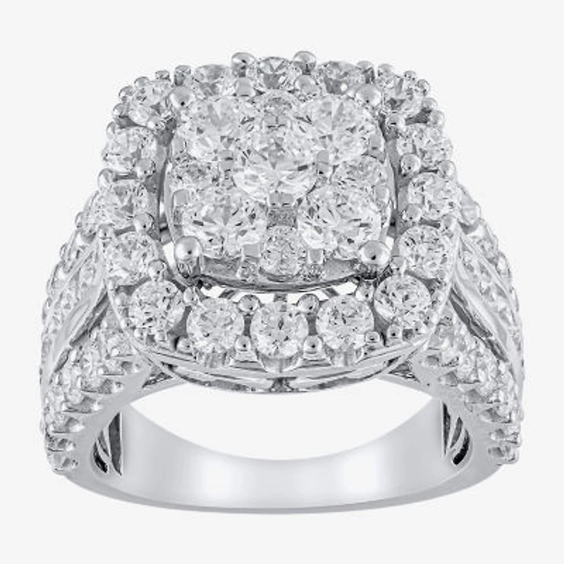 (G/Si2) Womens 4 CT. T.W. Lab Grown White Diamond 10K Gold Cushion Halo Side Stone Cocktail Ring