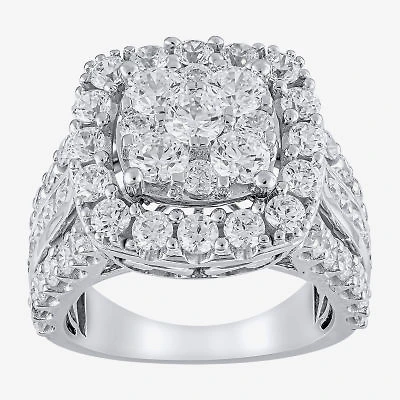 (G/Si2) Womens 4 CT. T.W. Lab Grown White Diamond 10K Gold Cushion Halo Side Stone Cocktail Ring