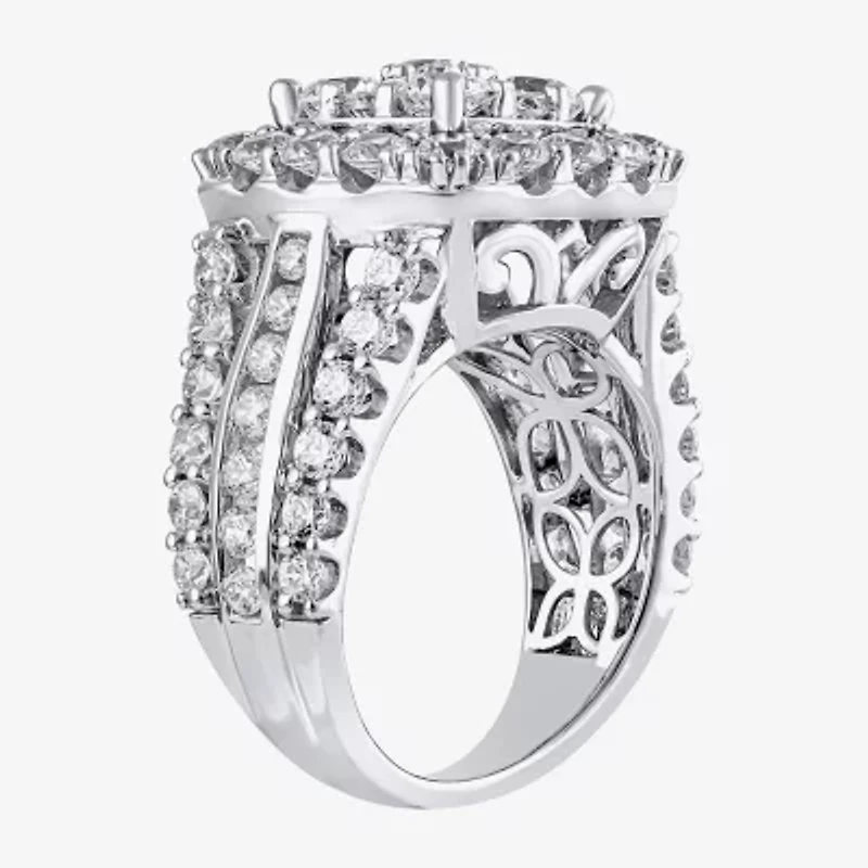 (G/Si2) Womens 4 CT. T.W. Lab Grown White Diamond 10K Gold Cushion Halo Side Stone Cocktail Ring