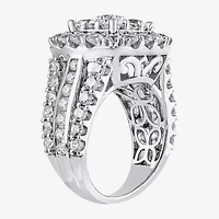 (G/Si2) Womens 4 CT. T.W. Lab Grown White Diamond 10K Gold Cushion Halo Side Stone Cocktail Ring