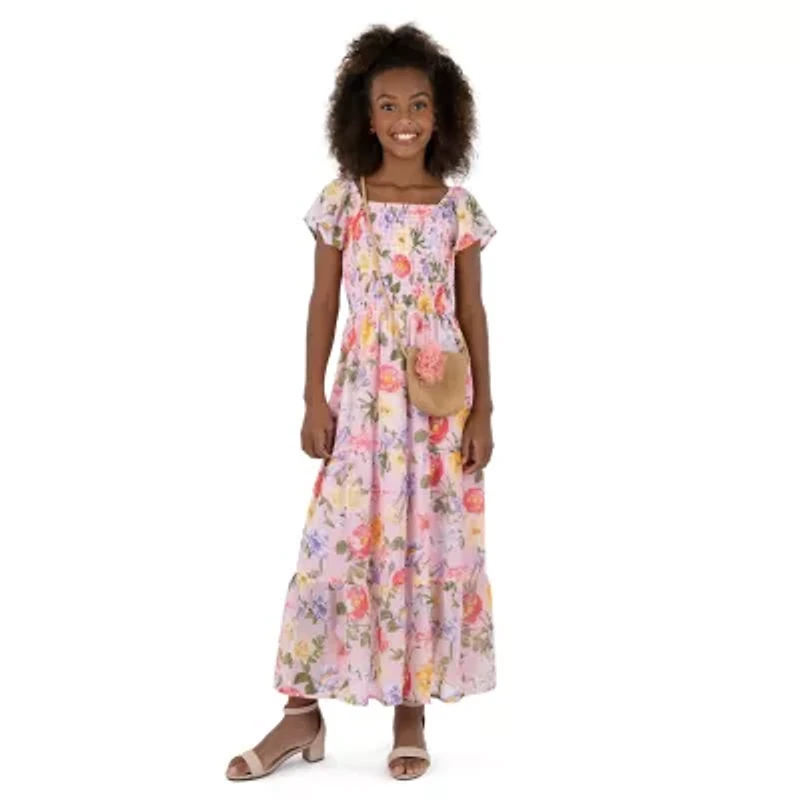 Speechless Big Kid Girls Short Sleeve Flutter Sleeve Floral Maxi Dress