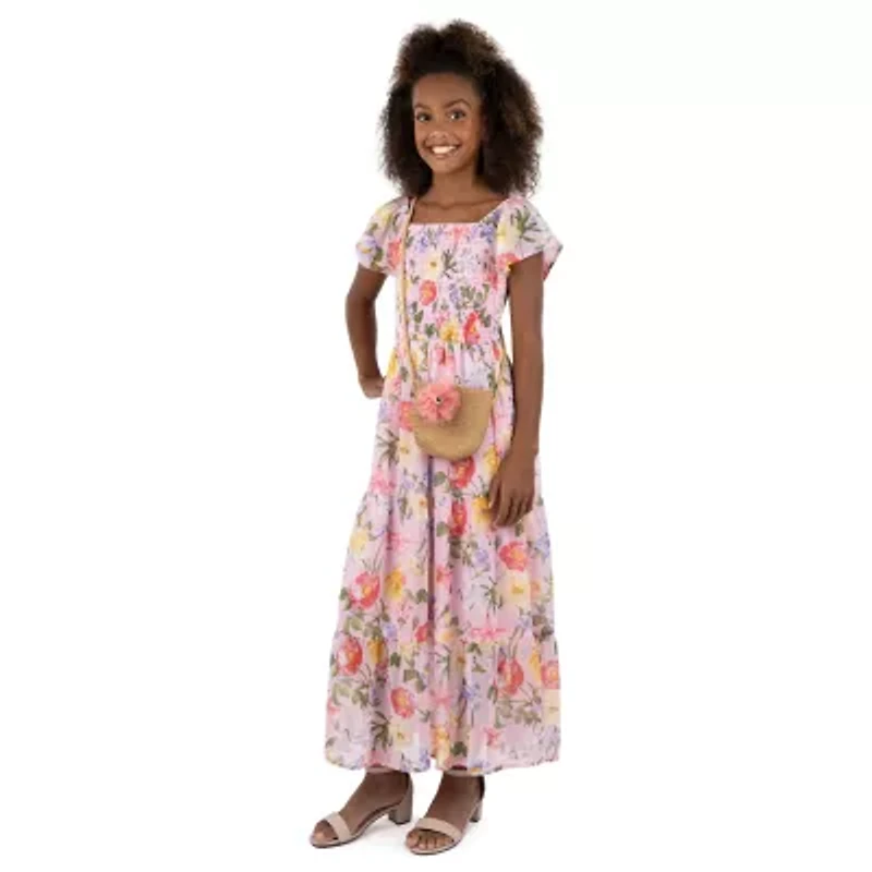 Speechless Big Kid Girls Short Sleeve Flutter Sleeve Floral Maxi Dress