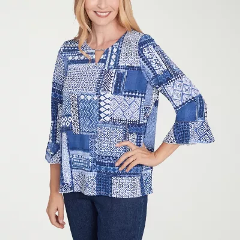 Alfred Dunner Classics Womens Crew Neck 3/4 Sleeve T-Shirt