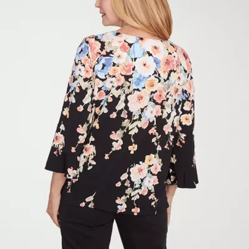 Alfred Dunner Classics Womens Crew Neck 3/4 Sleeve T-Shirt