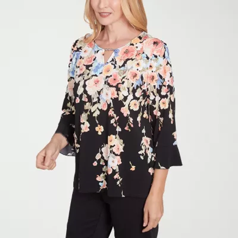 Alfred Dunner Classics Womens Crew Neck 3/4 Sleeve T-Shirt