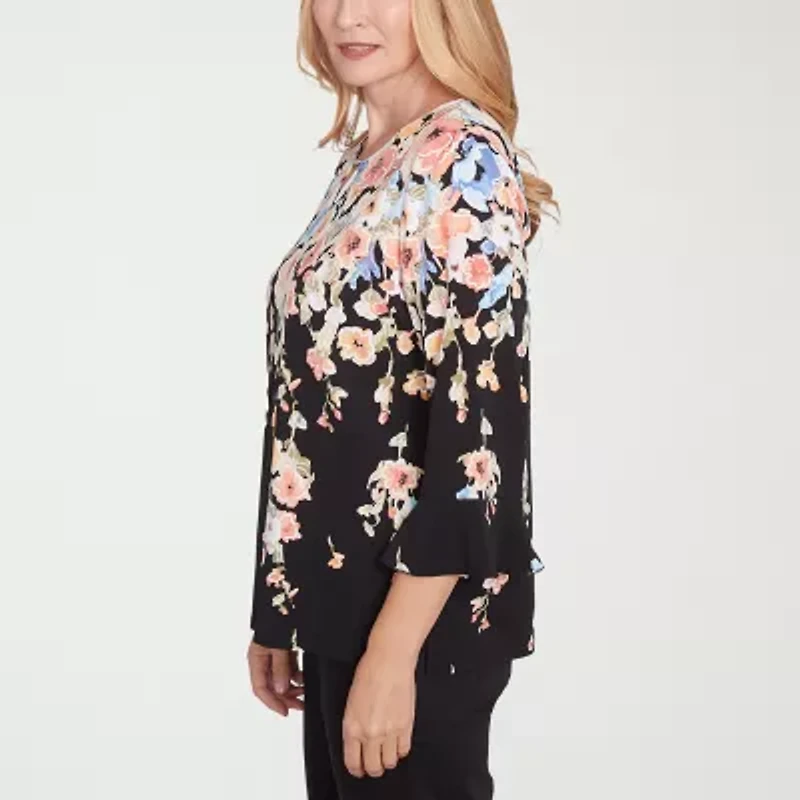 Alfred Dunner Classics Womens Crew Neck 3/4 Sleeve T-Shirt