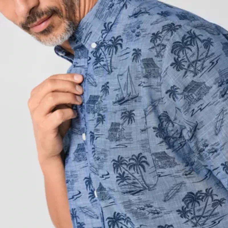 St. John's Bay Printed Chambray Mens Short Sleeve Classic Fit Button-Down Shirt