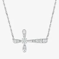 Sideways Womens Lab Created White Sapphire Sterling Silver Cross 18 Inch Pendant Necklace
