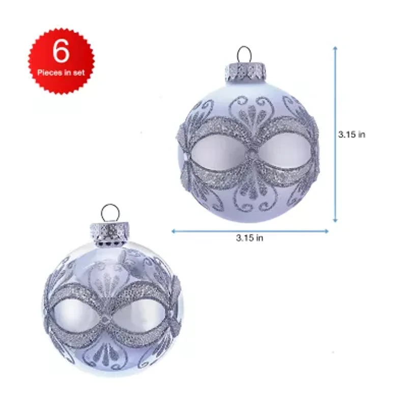 Kurt Adler 80MM Silver with Glitter and Sequins Glass Ball Ornaments 6 Piece Box