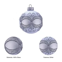 Kurt Adler 80MM Silver with Glitter and Sequins Glass Ball Ornaments 6 Piece Box