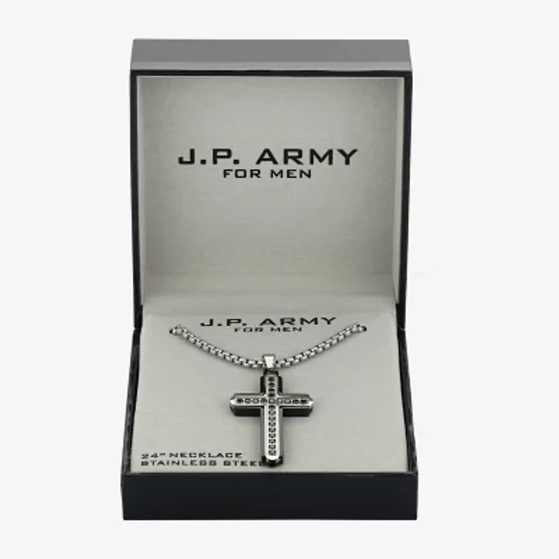 J.P. Army Men's Jewelry Cubic Zirconia Stainless Steel 24 Inch Cable Cross Pendant Necklace
