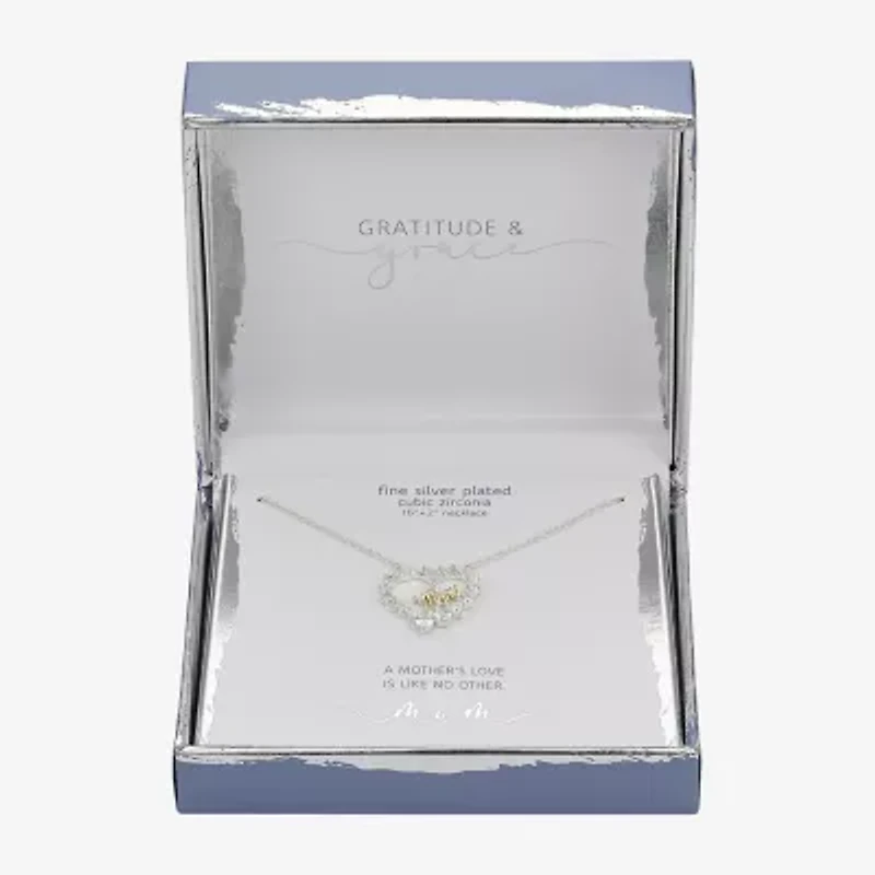 Gratitude & Grace Mom Womens Cubic Zirconia Pure Silver Over Brass Heart 16 Inch Pendant Necklace