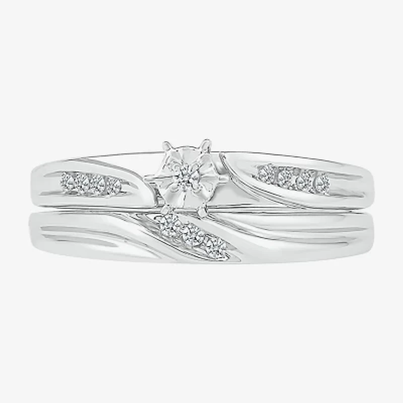 4.60mm Unisex Adult 1/10 CT. T.W. Natural White Diamond 10K White Gold Round Side Stone Wedding Ring Set