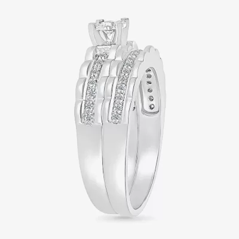 5.20mm Unisex Adult 1/4 CT. T.W. Natural White Diamond 10K White Gold Round Side Stone Wedding Ring Set