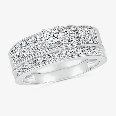 5.00mm Unisex Adult 1 CT. T.W. Natural White Diamond 10K White Gold Round Side Stone Wedding Ring Set