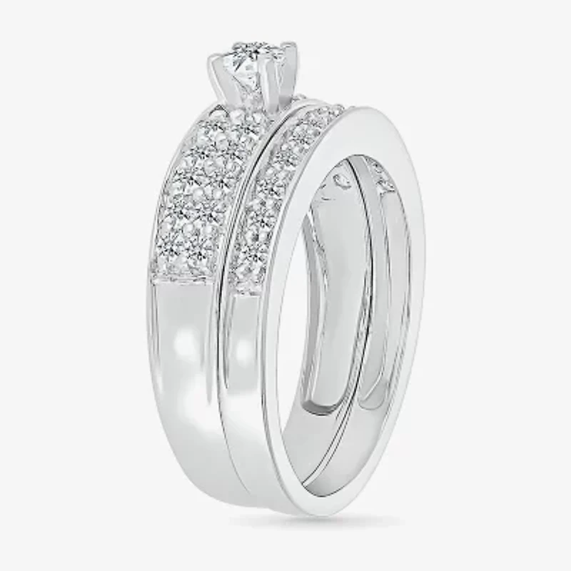 5.00mm Unisex Adult 1 CT. T.W. Natural White Diamond 10K White Gold Round Side Stone Wedding Ring Set