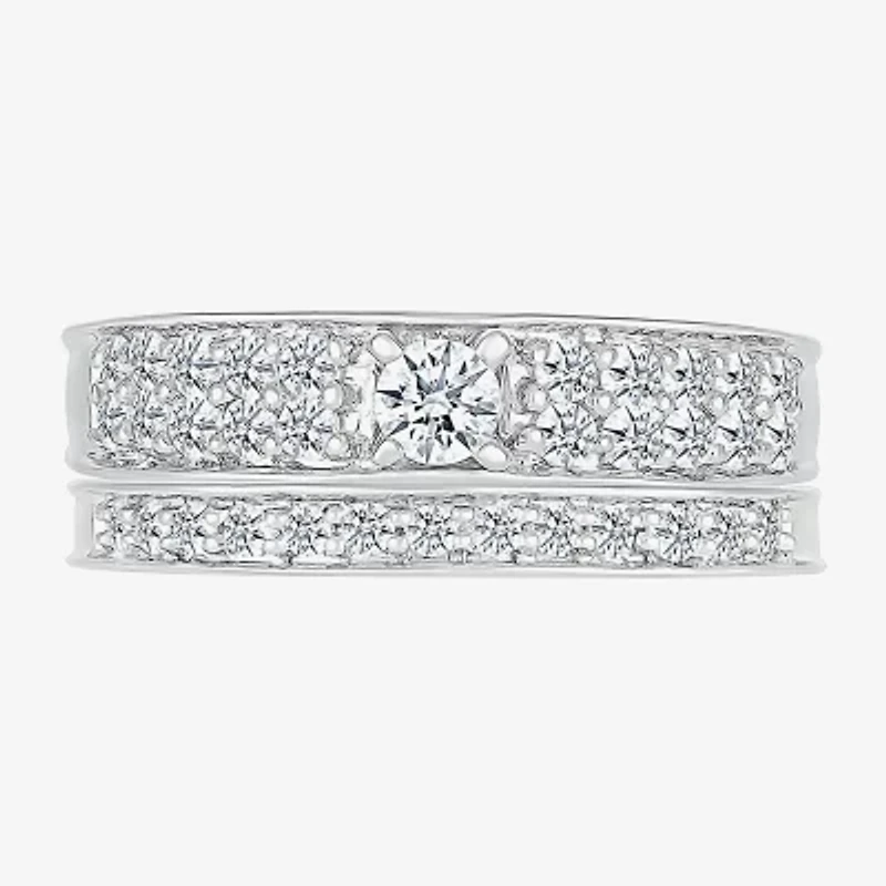 5.00mm Unisex Adult 1 CT. T.W. Natural White Diamond 10K White Gold Round Side Stone Wedding Ring Set