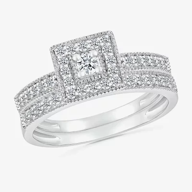 6.65mm Unisex Adult 5/8 CT. T.W. Natural White Diamond 10K White Gold Halo Side Stone Ring Set