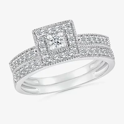 6.65mm Unisex Adult 5/8 CT. T.W. Natural White Diamond 10K White Gold Halo Side Stone Ring Set