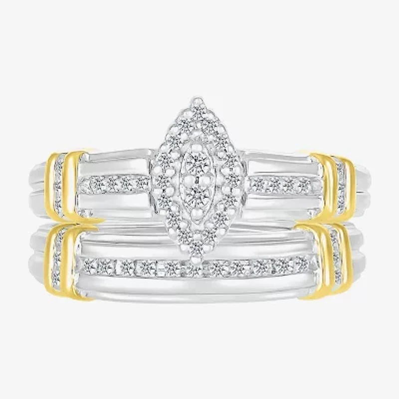 5.10mm Unisex Adult 1/4 CT. T.W. Natural White Diamond 10K Two Tone Gold Marquise Halo Side Stone Ring Set