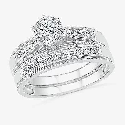 6.00mm Unisex Adult 1/2 CT. T.W. Natural White Diamond 10K White Gold Round Halo Side Stone Ring Set