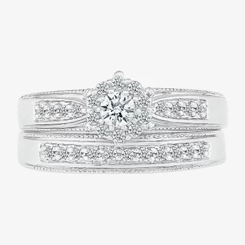 6.00mm Unisex Adult 1/2 CT. T.W. Natural White Diamond 10K White Gold Round Halo Side Stone Ring Set