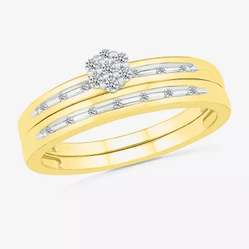 3.60mm Unisex Adult 1/5 CT. Natural White Diamond 10K Gold Round Side Stone Wedding Ring Set