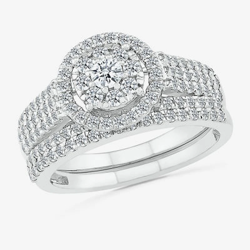 6.70mm Unisex Adult 1 1/5 CT. T.W. Natural White Diamond 10K White Gold Round Halo Side Stone Ring Set