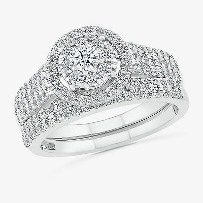 6.70mm Unisex Adult 1 1/5 CT. T.W. Natural White Diamond 10K White Gold Round Halo Side Stone Ring Set