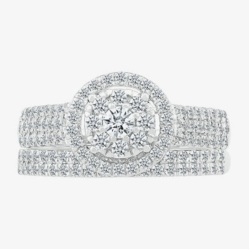 6.70mm Unisex Adult 1 1/5 CT. T.W. Natural White Diamond 10K White Gold Round Halo Side Stone Ring Set