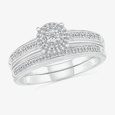 4.45mm Unisex Adult 1/4 CT. T.W. Natural White Diamond 10K White Gold Round Halo Side Stone Ring Set