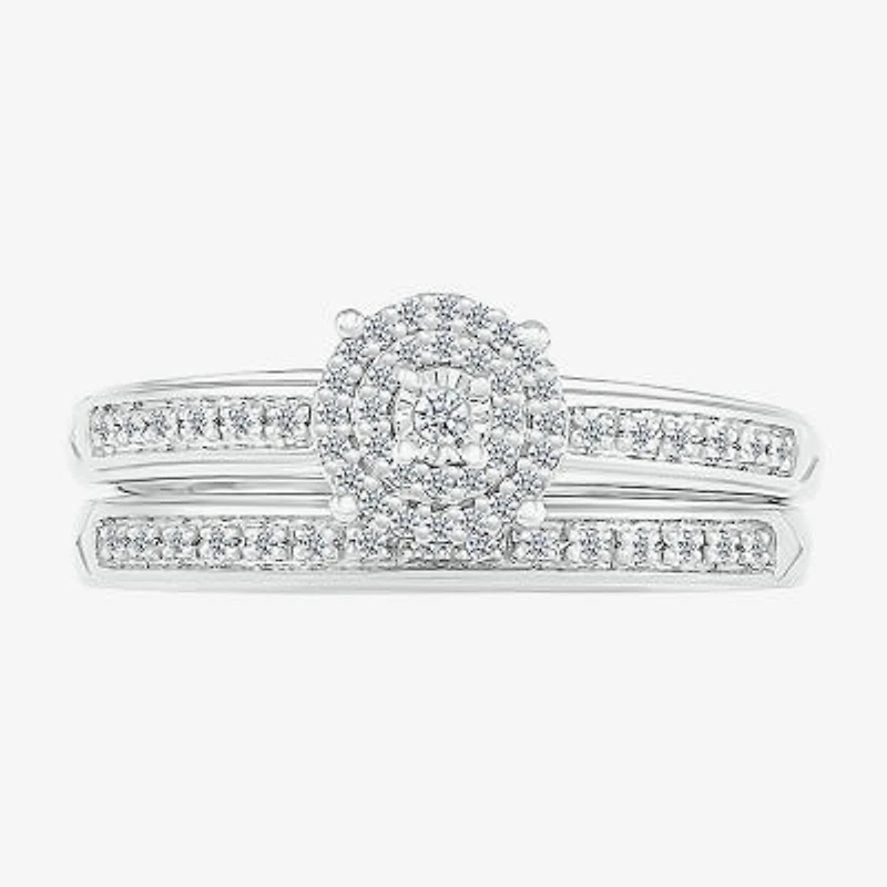 4.45mm Unisex Adult 1/4 CT. T.W. Natural White Diamond 10K White Gold Round Halo Side Stone Ring Set