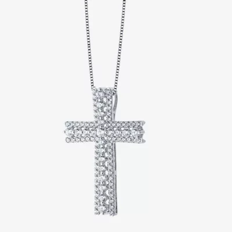 H-I / I1) Womens 1 1/ CT. T.W. Lab Grown White Diamond 10K White Gold Cross 18 Inch Pendant Necklace