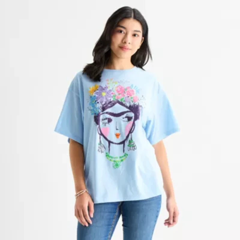 Jerry Leigh Frida Womens Juniors Crew Neck Short Sleeve Oversized Graphic T-Shirt