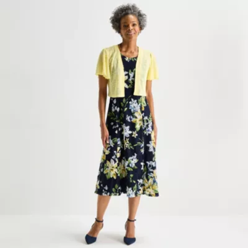 Perceptions Womens Floral Midi Jacket Dress